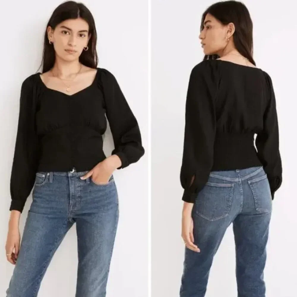 Madewell Preston puff sleeve top blouse button front gingham